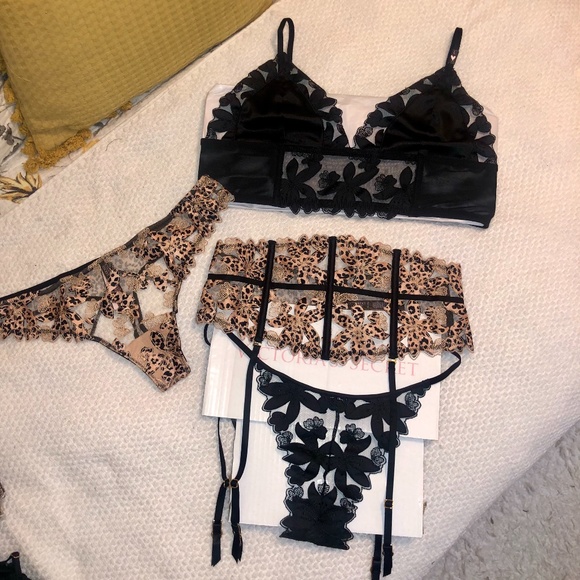 Victoria’s Secret Cheetah & Black Floral Embroidered Bralette Garter Panty Set L